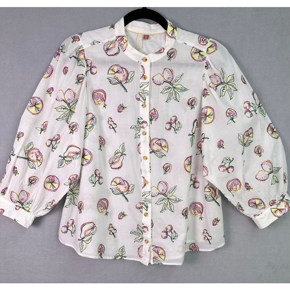 Anthropologie Pilcro Bella Embroidered Fruit Blouse White Cotton Medium Petite - Picture 4 of 12